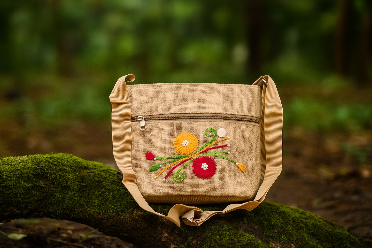 Sunburst Bloom Jute Sling Bag Small