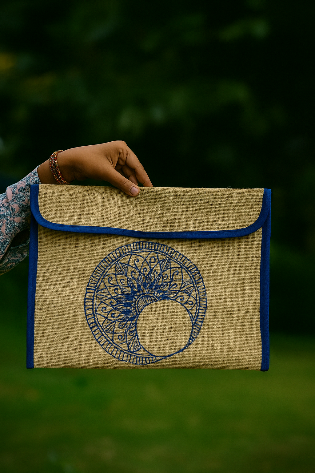 Handcrafted Jute Laptop Sleeve with Blue Mandala Design
