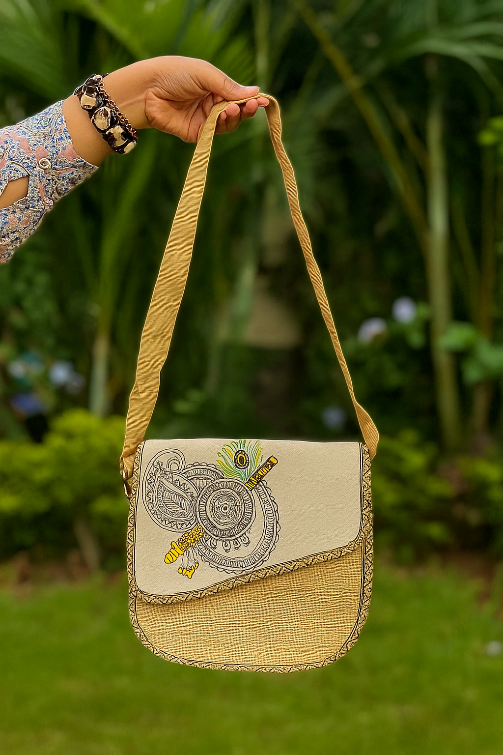 Handpainted Jute Sling Bag with Krishna Flute Design