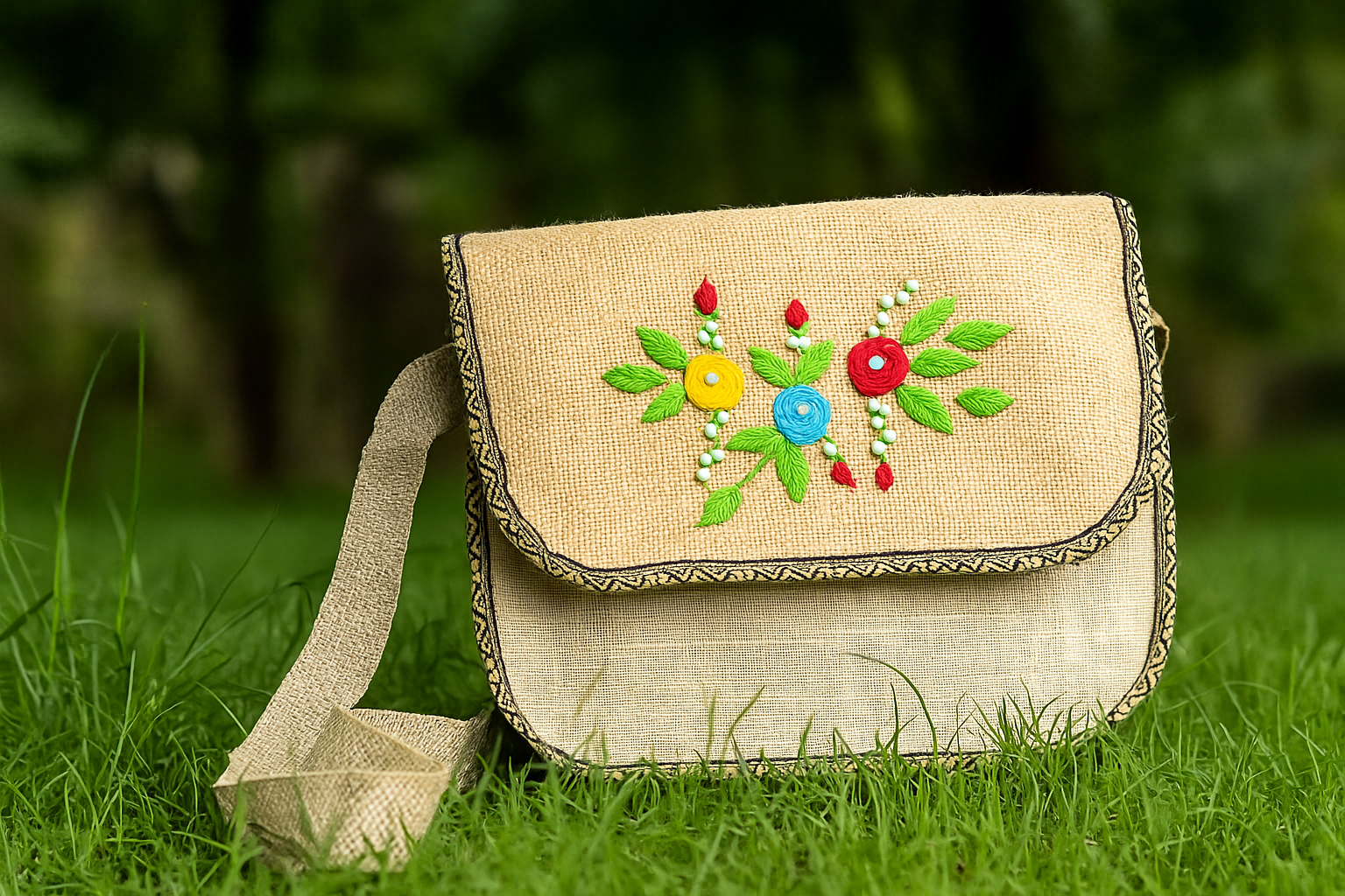 Handcrafted Jute Sling Bag with Floral Embroidery
