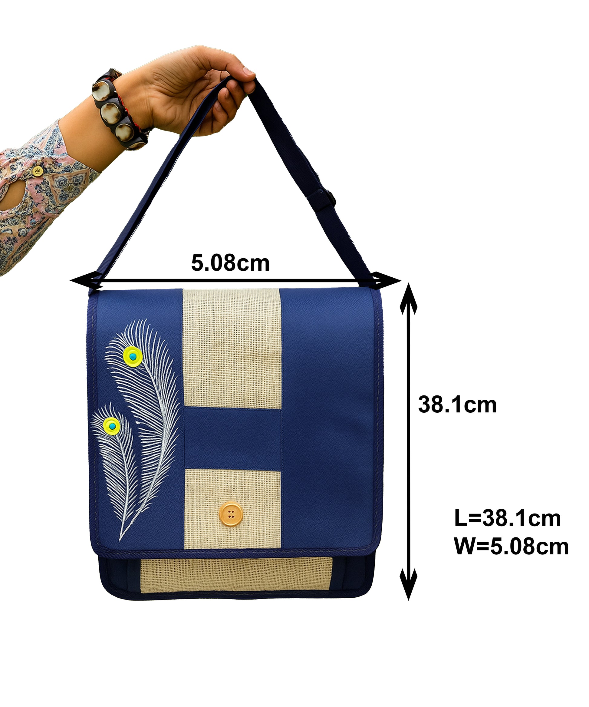 Blue Jute Laptop Bag with Dual Peacock Feather Design