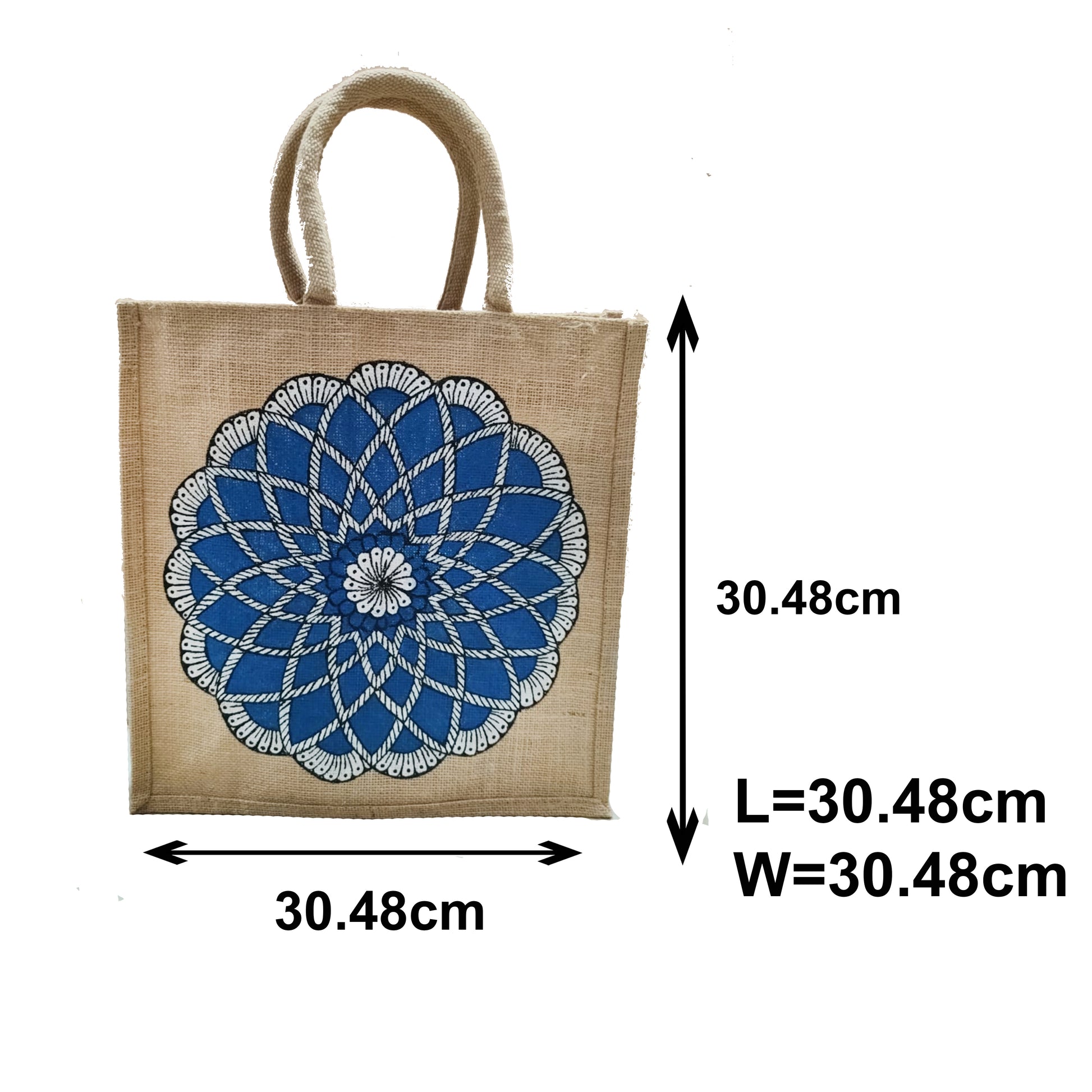 Hand-Painted Blue Mandala Jute Tote Bag | Eco-Friendly Artistic Handmade Handbag for Women
