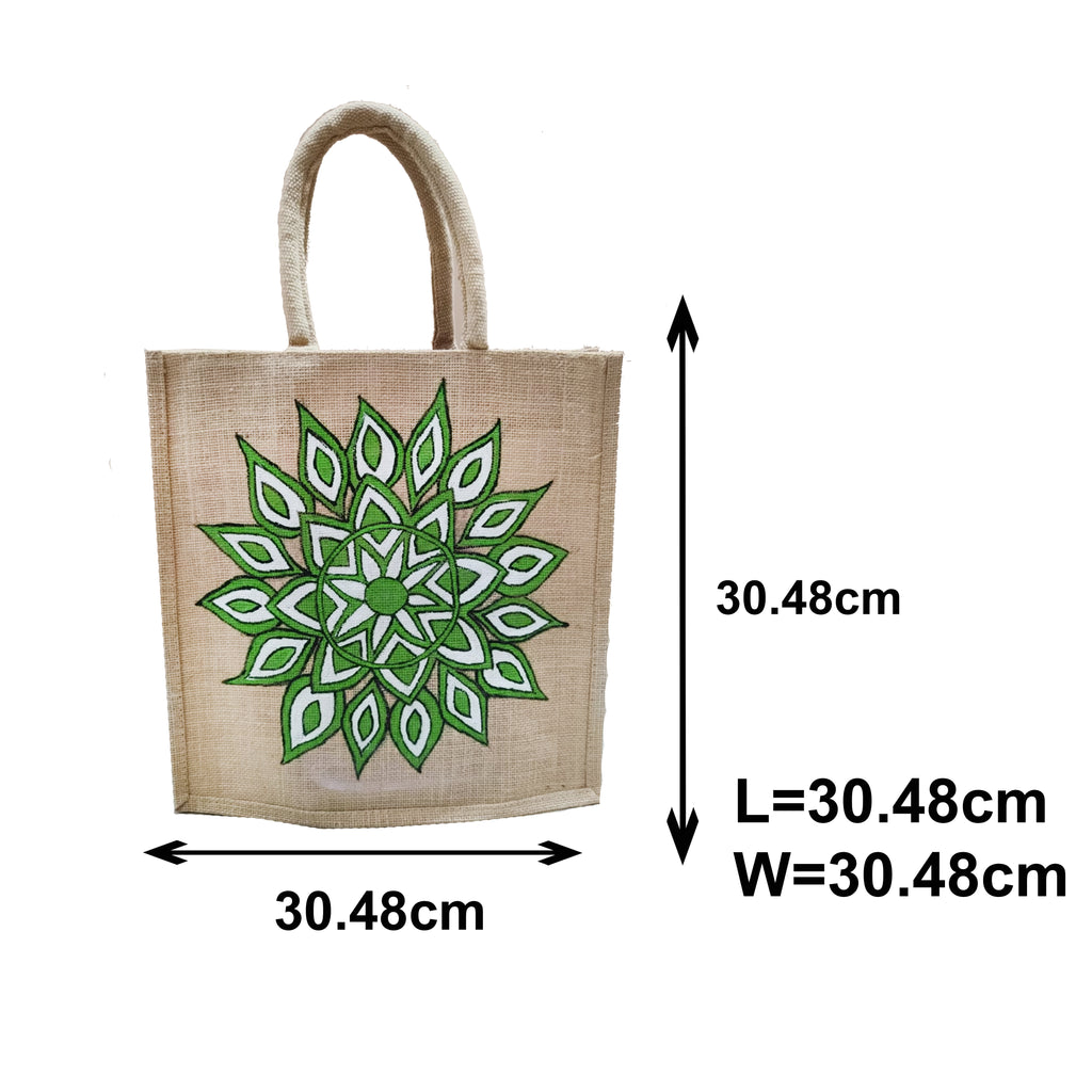 Hand-Painted Green Mandala Jute Tote Bag | Eco-Friendly Handmade Artistic Handbag for Women