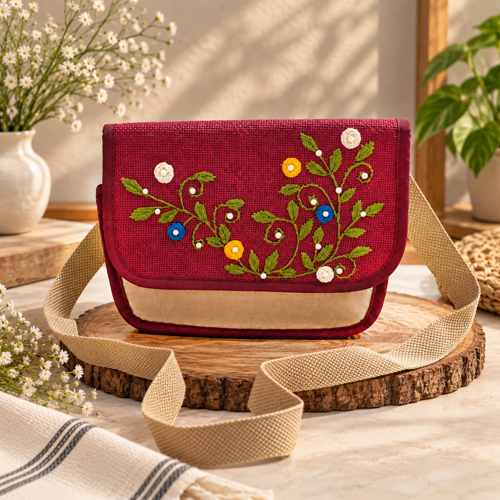 Handcrafted Jute Sling Bag | Floral Embroidery Design