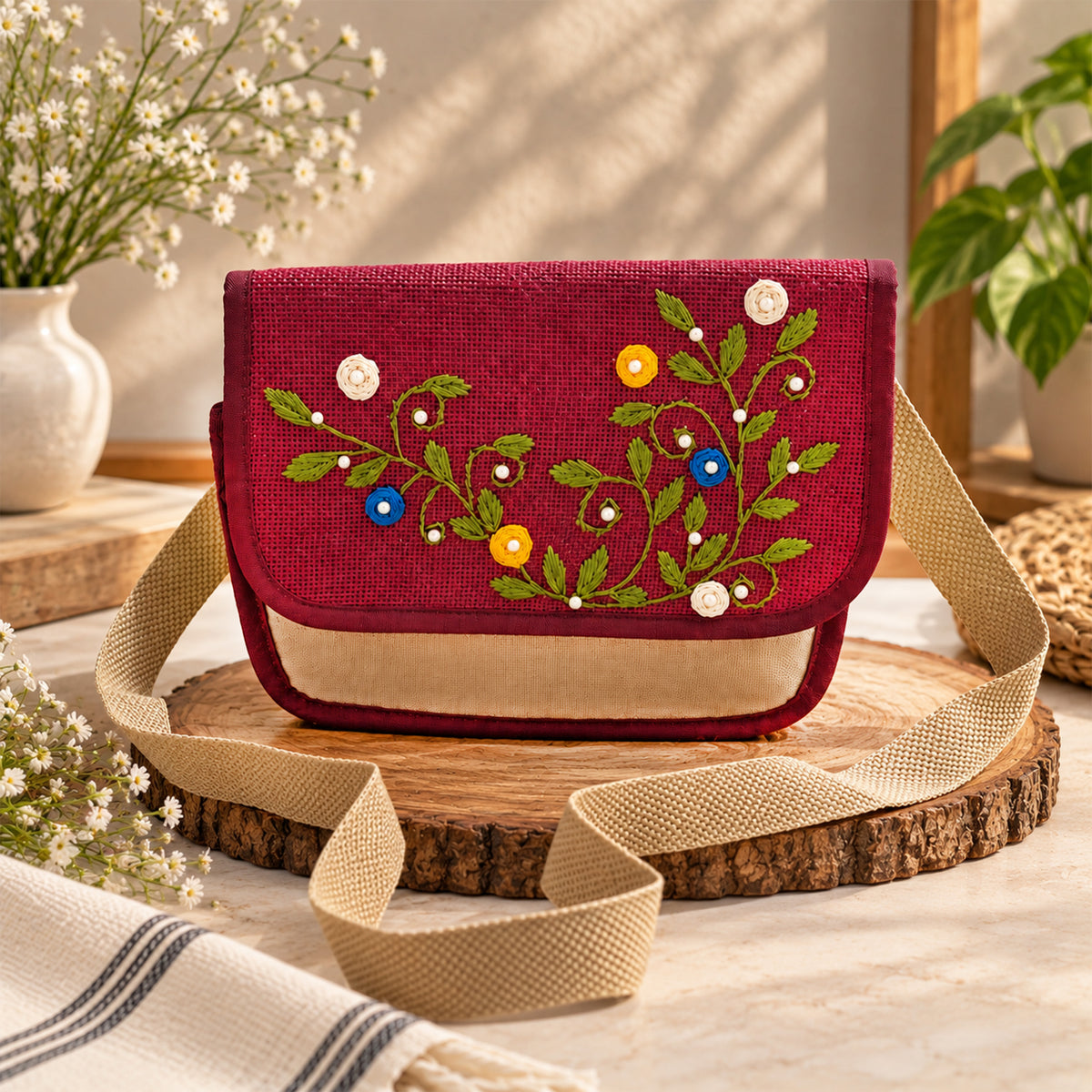 Handcrafted Jute Sling Bag | Floral Embroidery Design