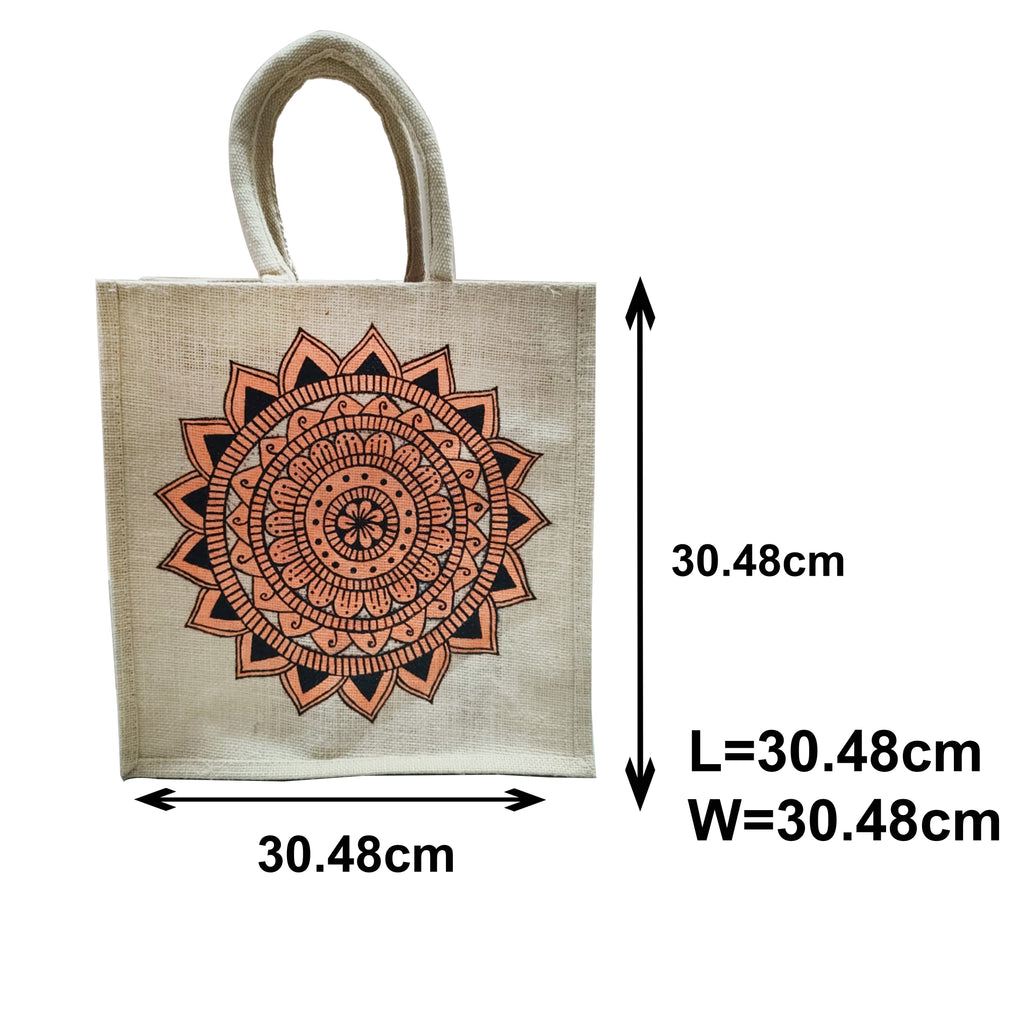 Hand-Painted Peach Mandala Jute Tote Bag | Eco-Friendly Handmade Artistic Handbag for Women