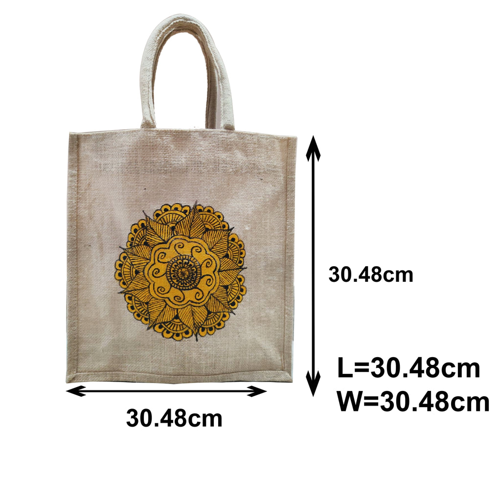 Handmade Jute Tote Bag with Hand-Painted Mandala Design | Eco-Friendly Bag for Women