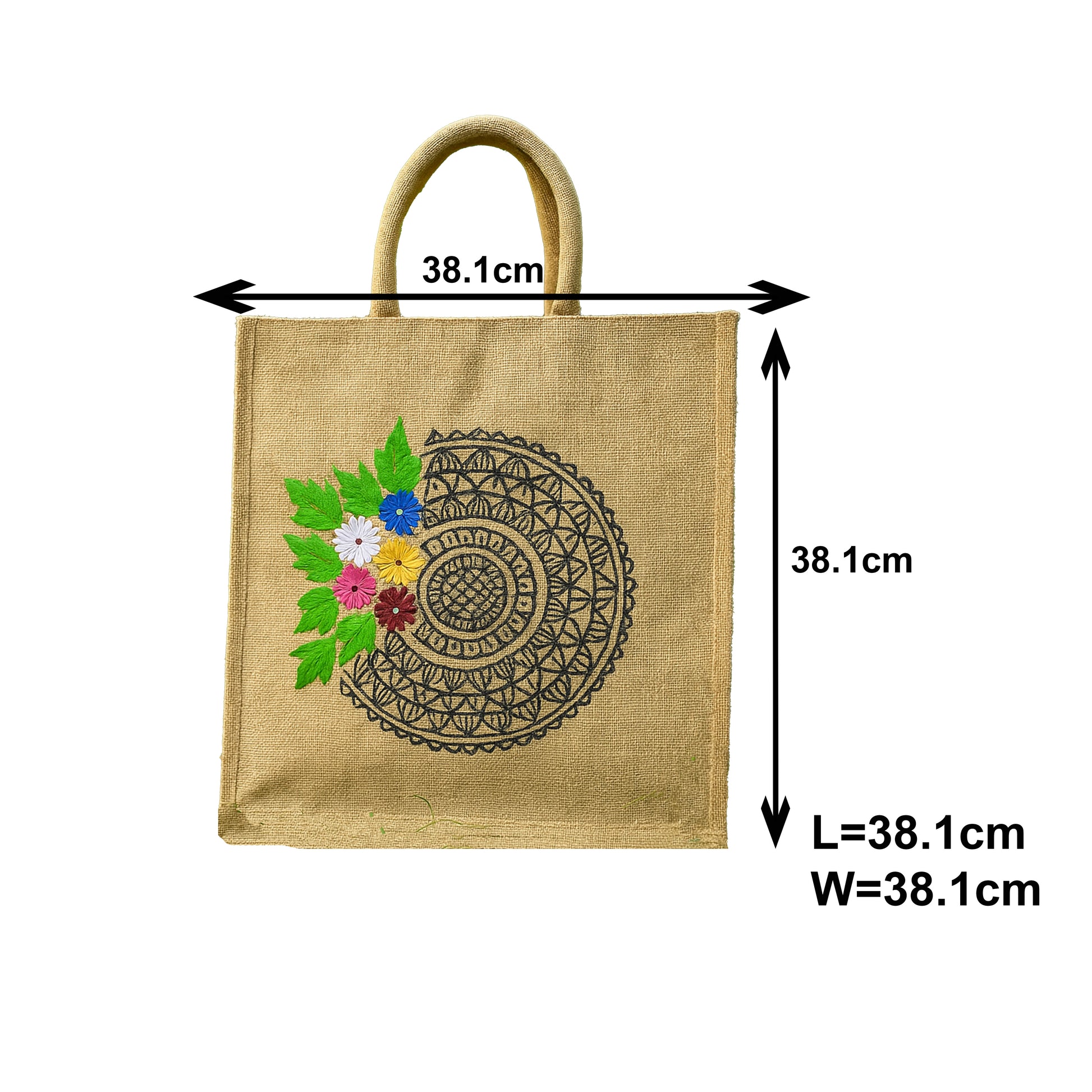 Jute Lunch Bag with Mandala and Colorful Floral Embroidery