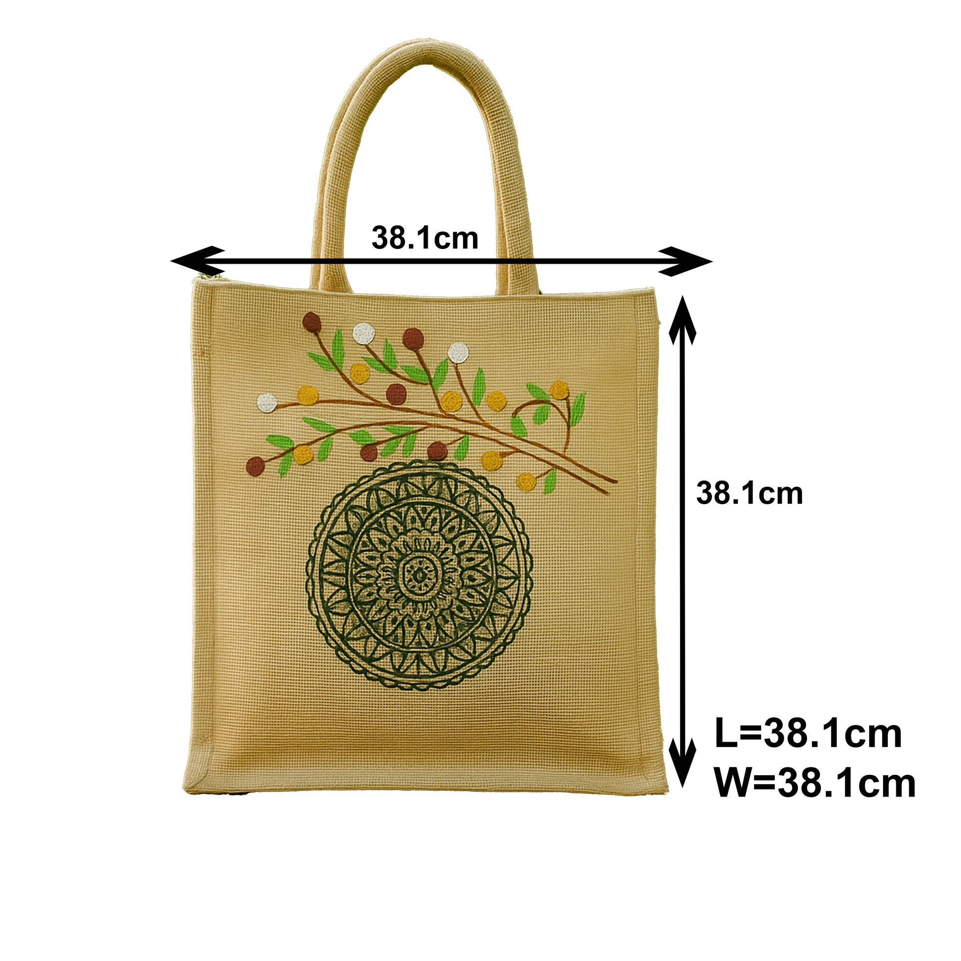 Eco-Friendly Jute Lunch Bag with Botanical Branch and Mandala Design