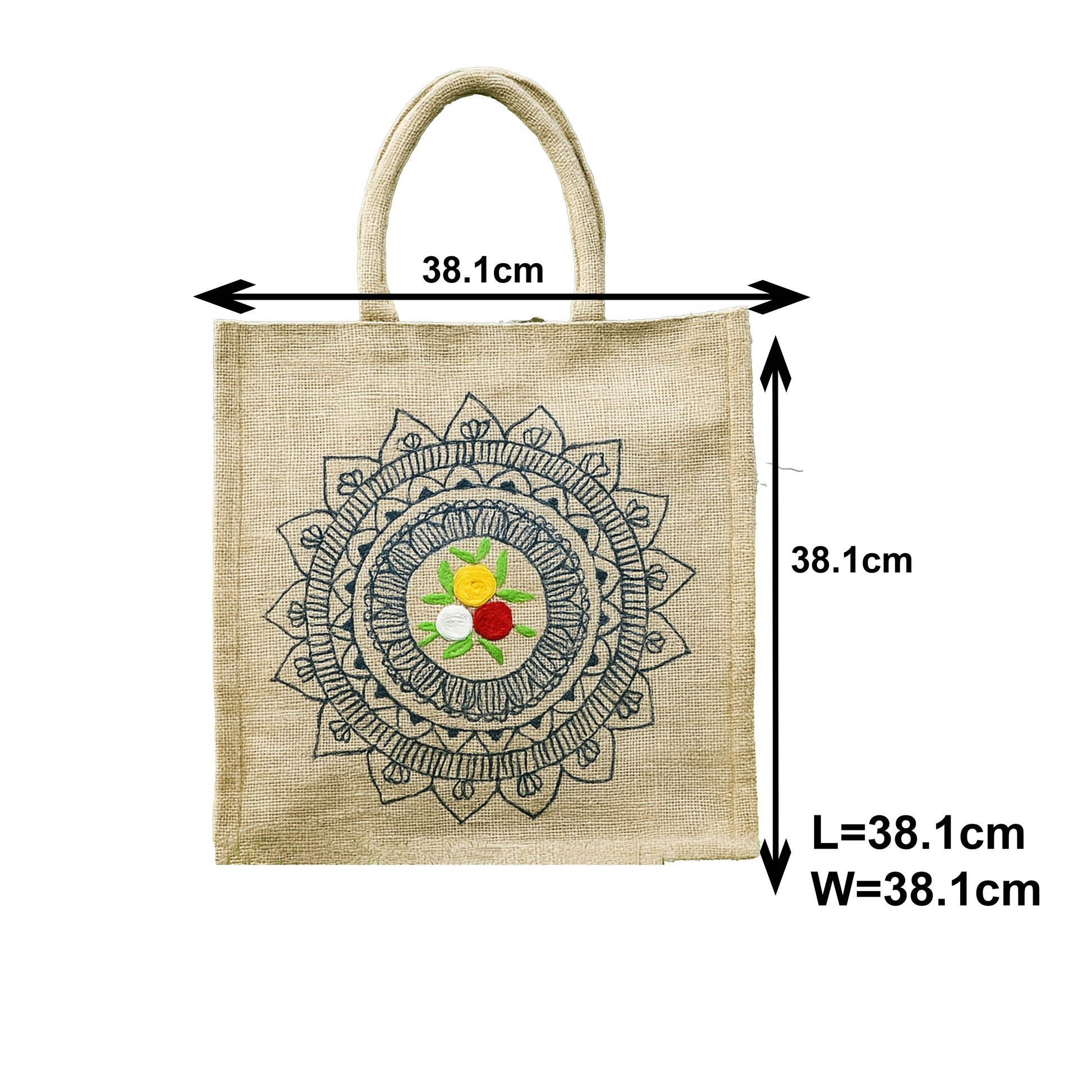 Handcrafted Jute Lunch Bag with Mandala Art and Floral Appliqué