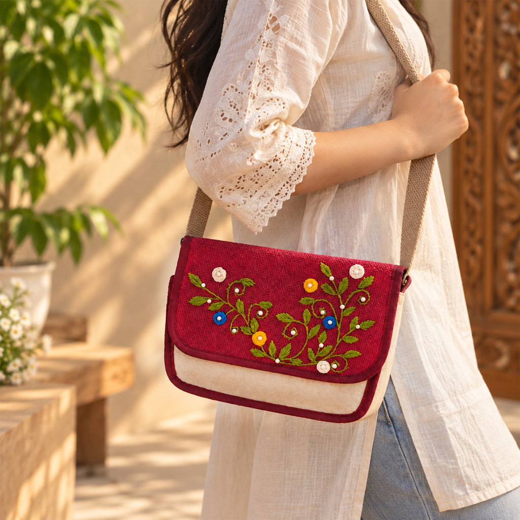 Handcrafted Jute Sling Bag | Floral Embroidery Design