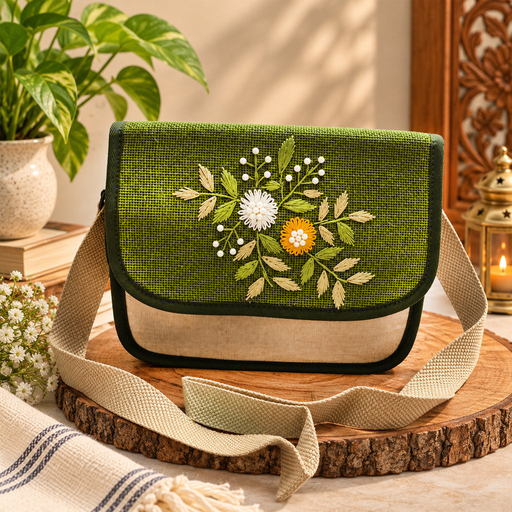 Handcrafted Jute Sling Bag | Floral Embroidery Design
