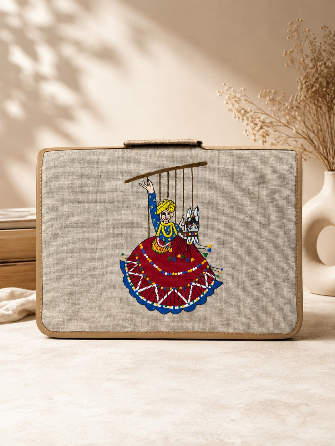 Hand-Painted Jute Laptop bag with Rajasthani Folk Art For Women And Men