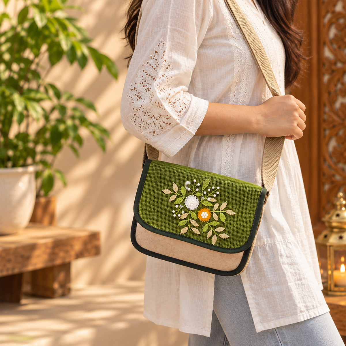 Handcrafted Jute Sling Bag | Floral Embroidery Design