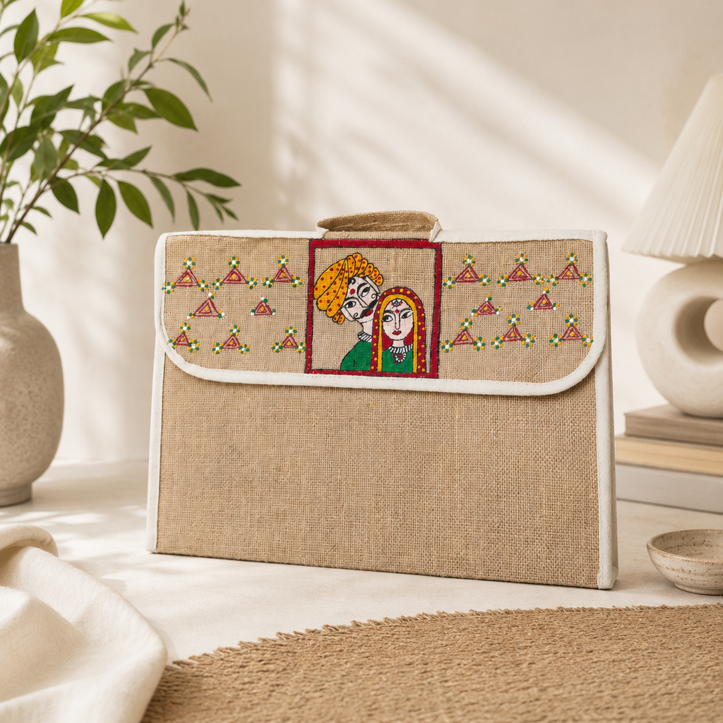 Hand-Painted Jute Laptop Sleeve with Traditional Folk Art | Handmade Laptop Case for Women & Men