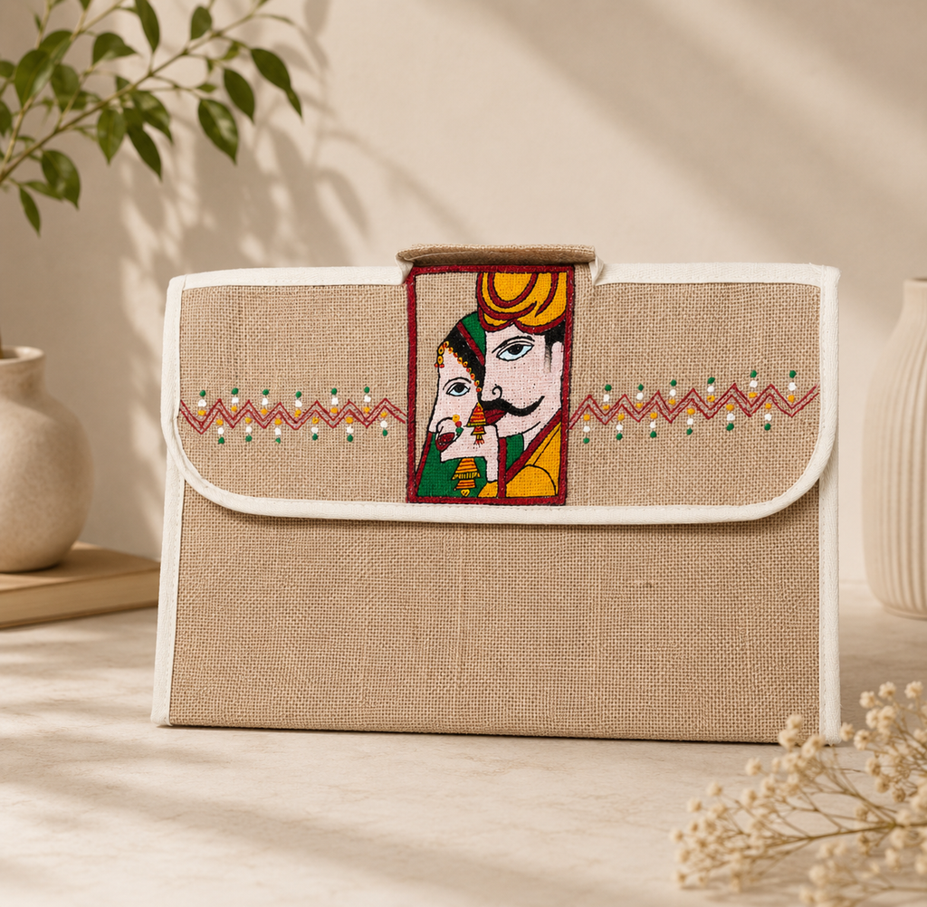 Hand-Painted Jute Laptop Sleeve with Rajasthani Folk Art | Handmade Laptop Case for Women & Men