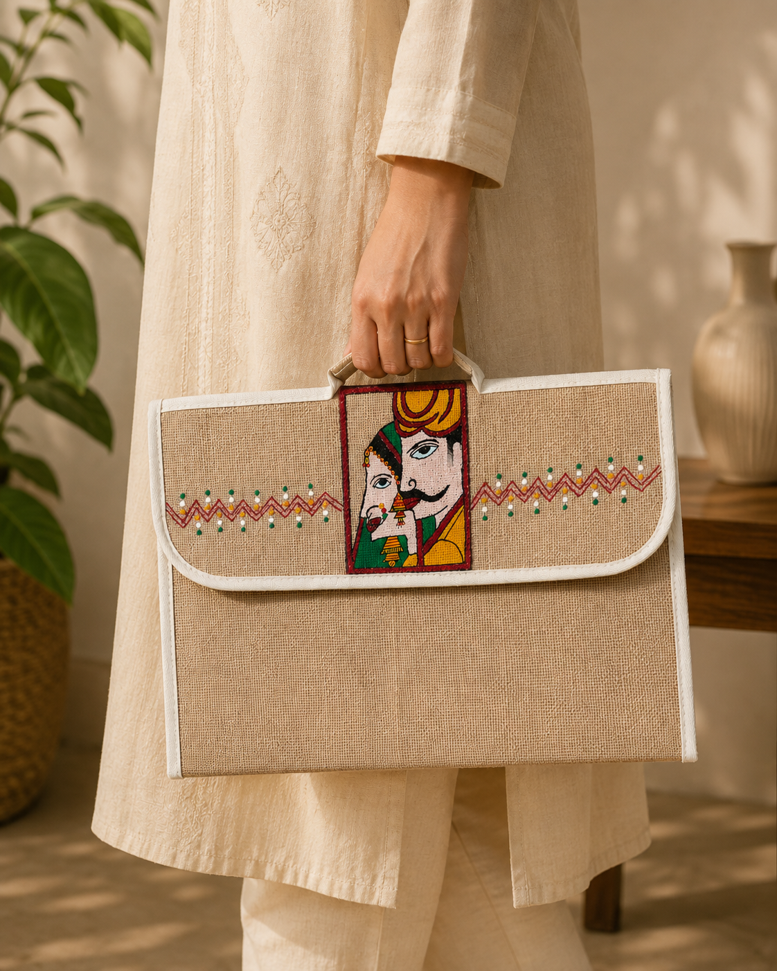 Hand-Painted Jute Laptop Sleeve with Rajasthani Folk Art | Handmade Laptop Case for Women & Men