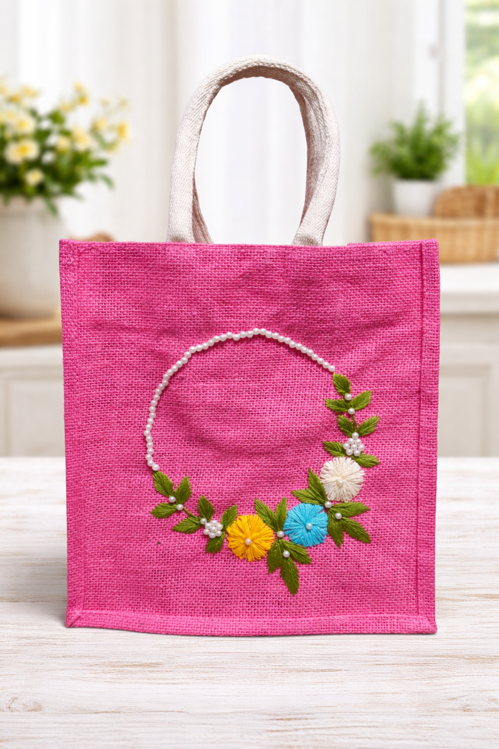 Handmade Pink Jute Bag with Floral Embroidery