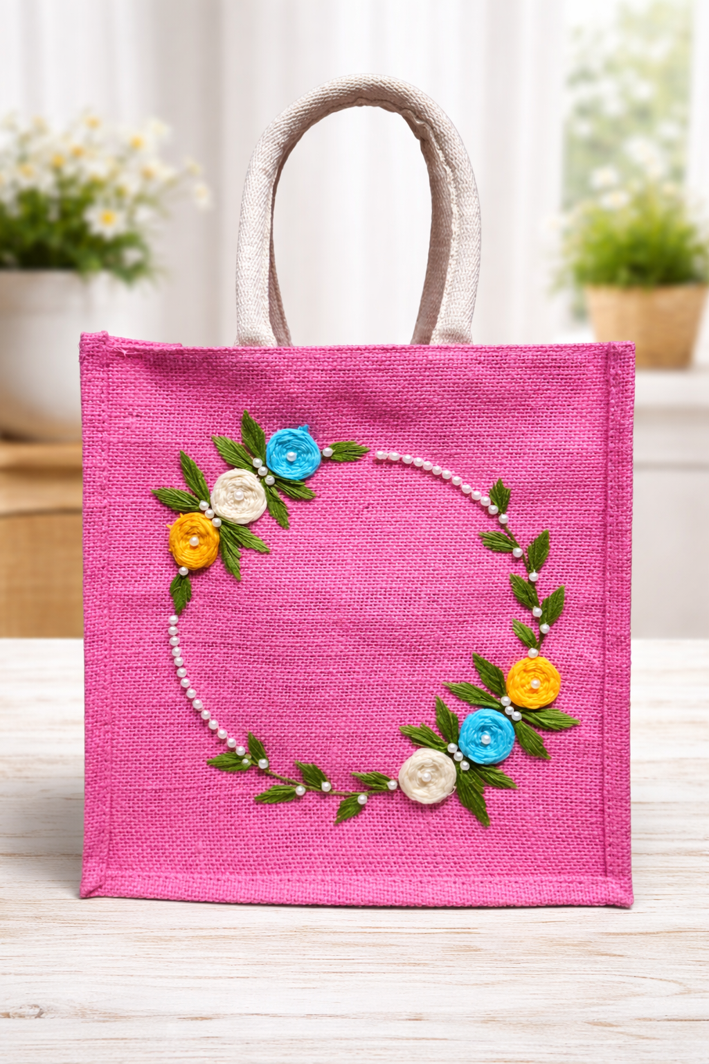 Pink Jute Tote Bag with Full Floral Wreath Embroidery