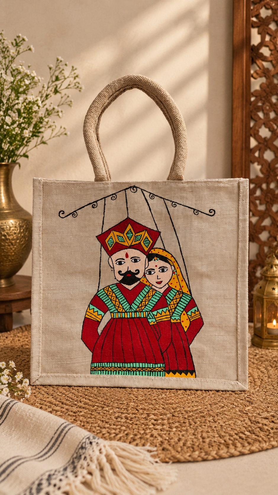 Hand-Painted Jute Lunch Bag | Traditional Indian Folk Art