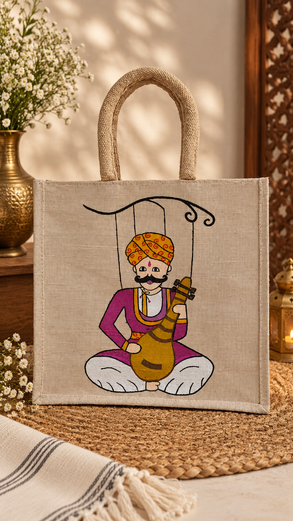 Handcrafted Jute Lunch Bag | Indian Folk Art Design