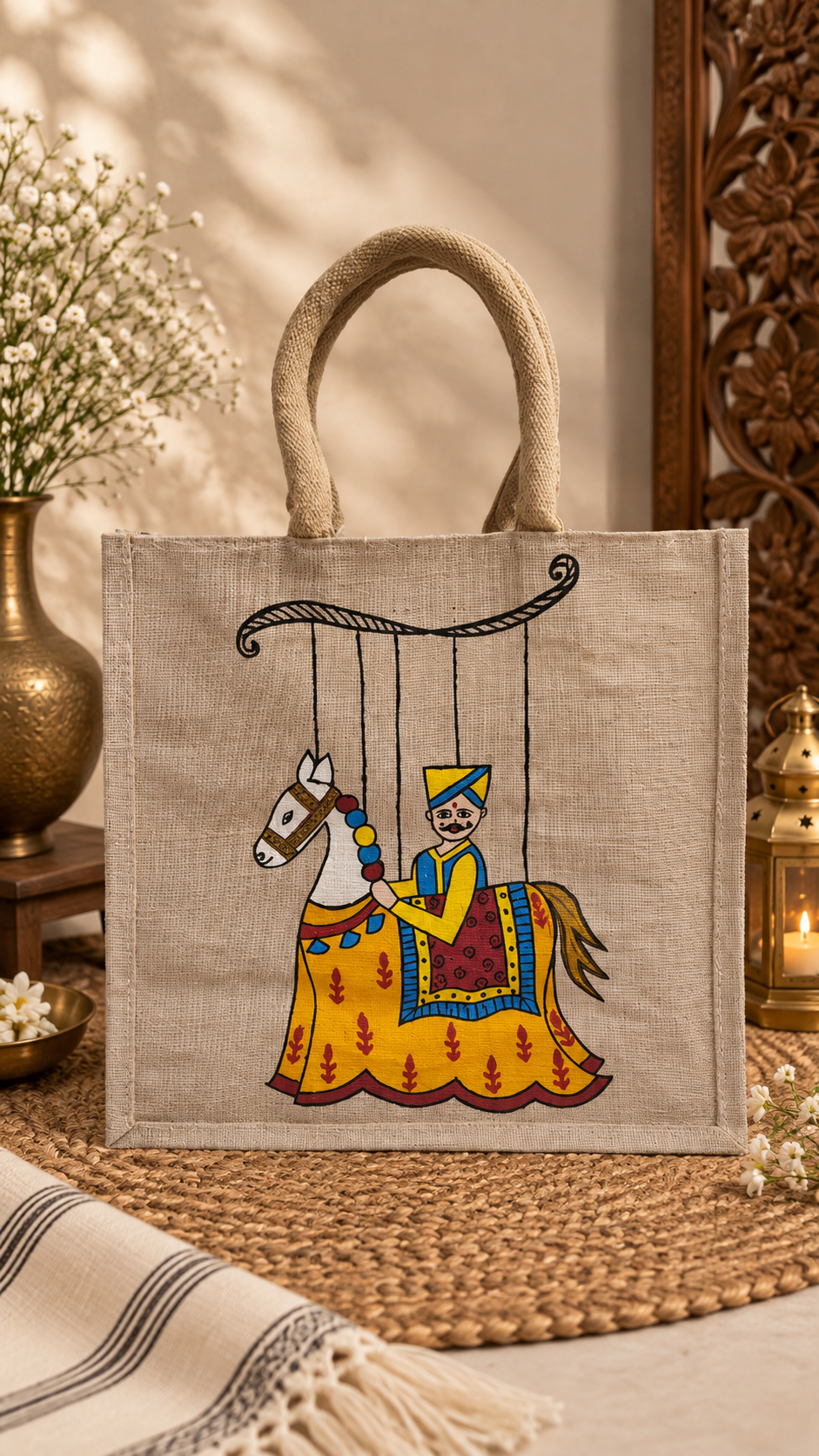 Hand-Painted Jute Lunch Bag | Handmade Indian Art Design