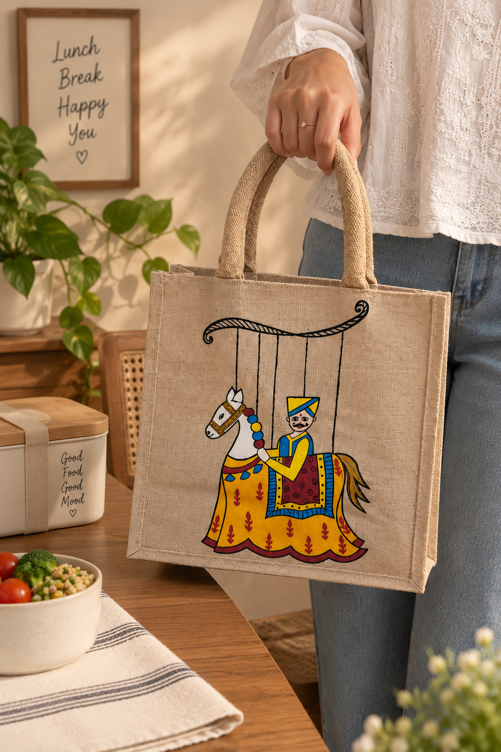 Hand-Painted Jute Lunch Bag | Handmade Indian Art Design