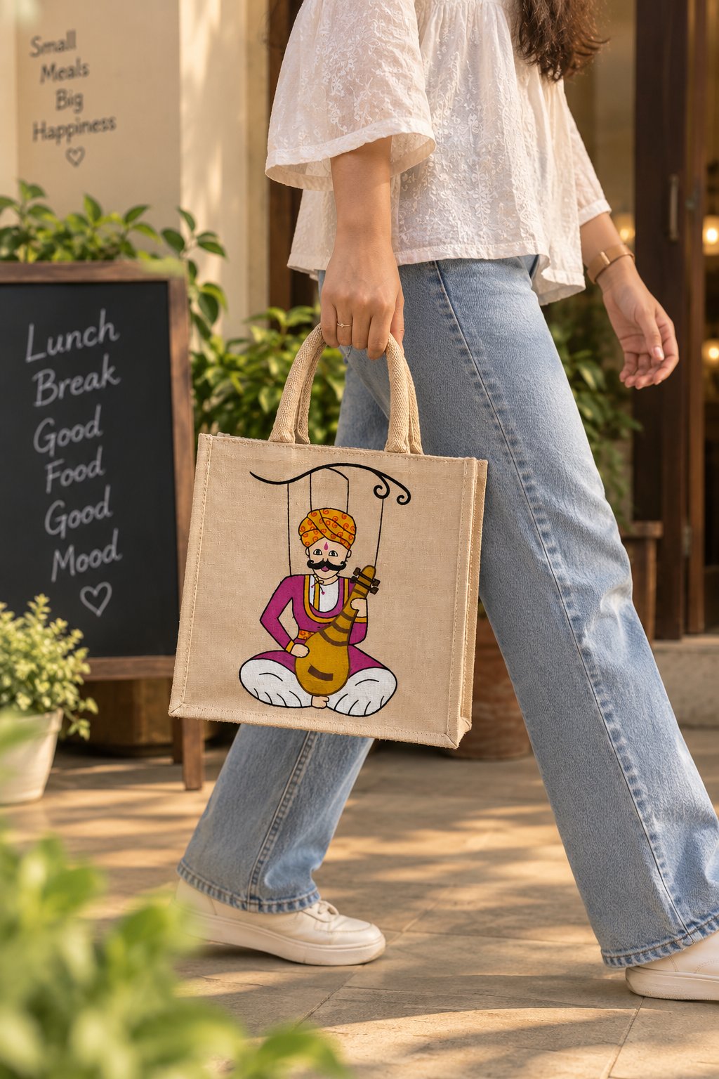 Handcrafted Jute Lunch Bag | Indian Folk Art Design