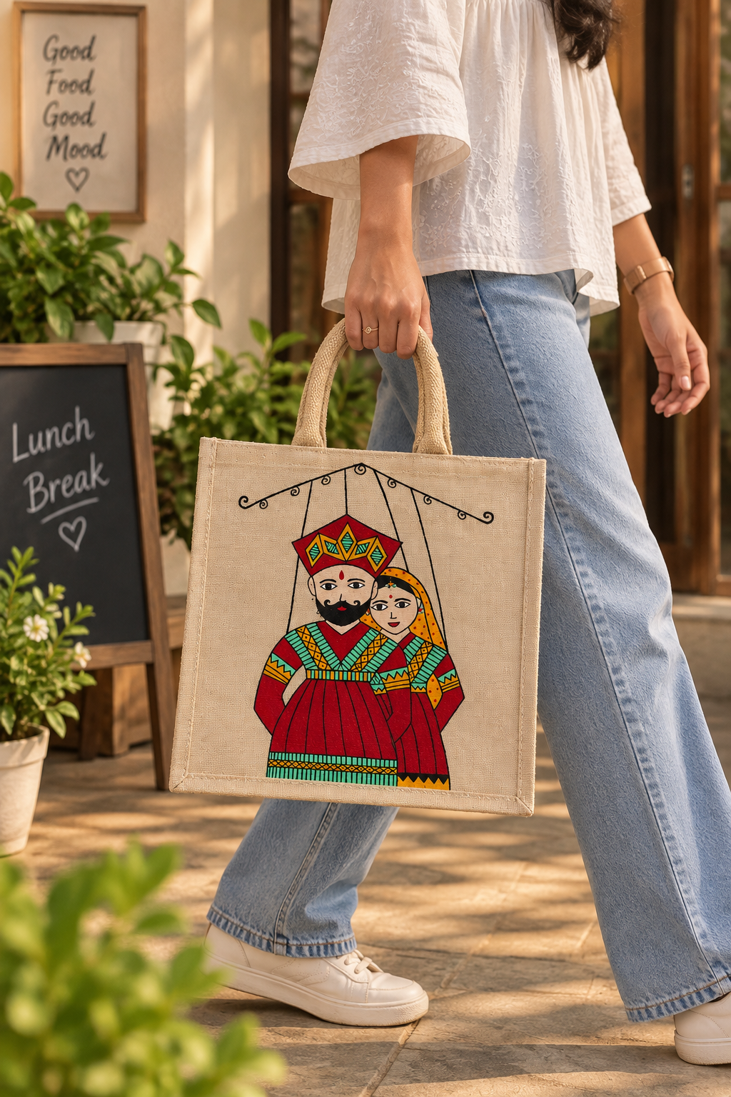 Hand-Painted Jute Lunch Bag | Traditional Indian Folk Art
