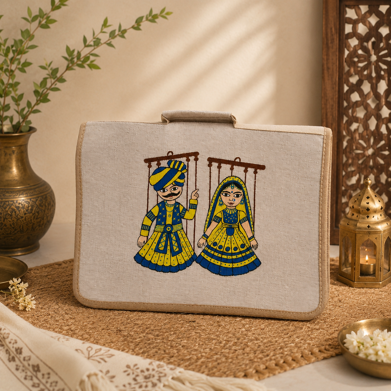 Hand-Painted Jute Laptop Sleeve with Rajasthani Folk Art | Handmade Laptop Case for Women & Men