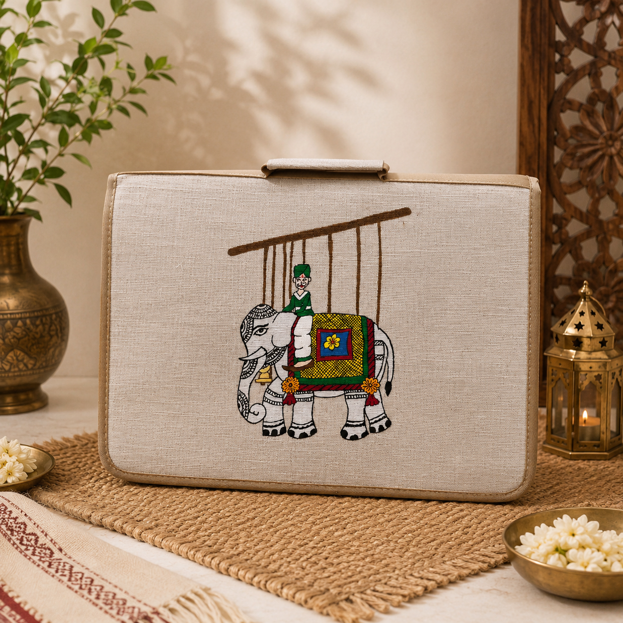 Hand-Painted Jute Laptop Sleeve with Elephant Folk Art | Handmade Laptop Case for Women & Men