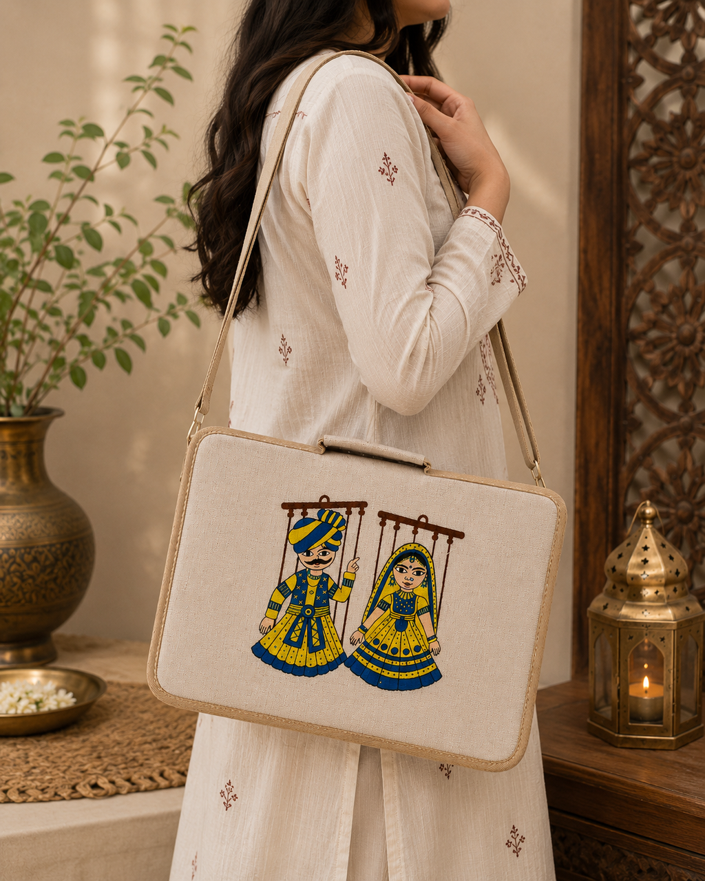 Hand-Painted Jute Laptop Sleeve with Rajasthani Folk Art | Handmade Laptop Case for Women & Men