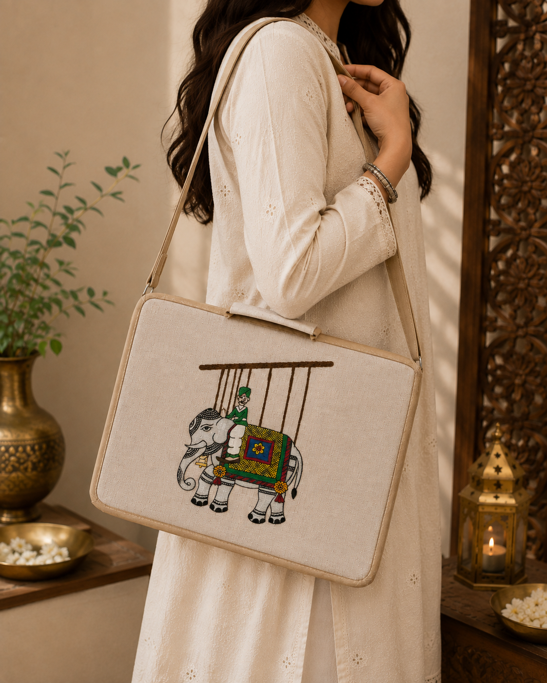 Hand-Painted Jute Laptop Sleeve with Elephant Folk Art | Handmade Laptop Case for Women & Men