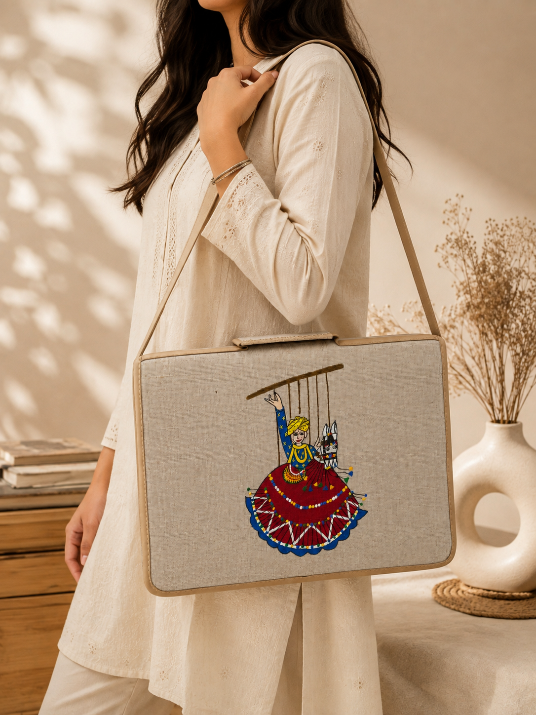 Hand-Painted Jute Laptop bag with Rajasthani Folk Art For Women And Men