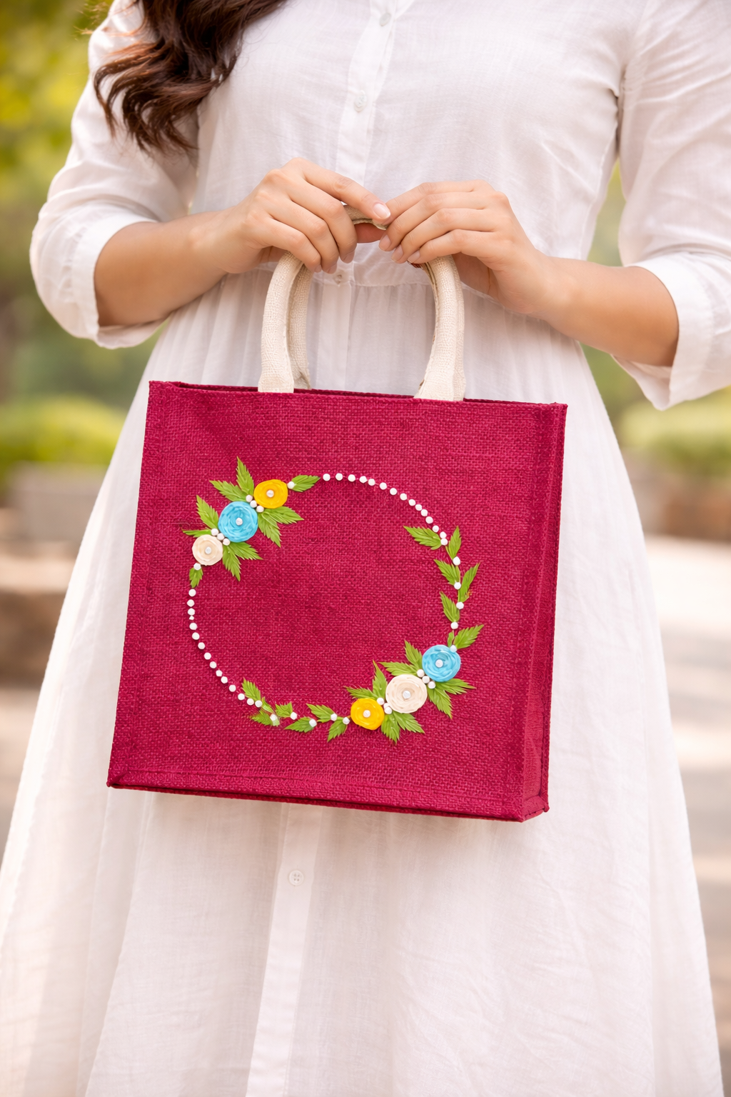 Maroon Hand Embroidered Jute Lunch & Handbag with Floral Pearl Wreath