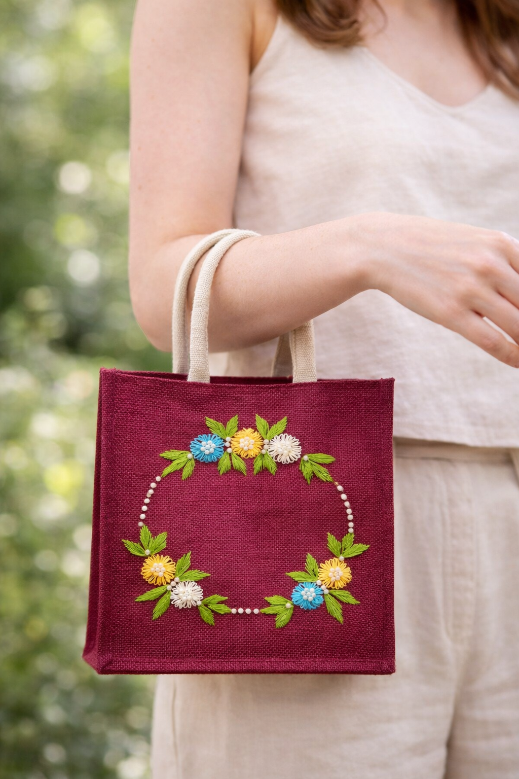 Hand Embroidered Maroon Jute Handbag with Floral Pearl Wreath