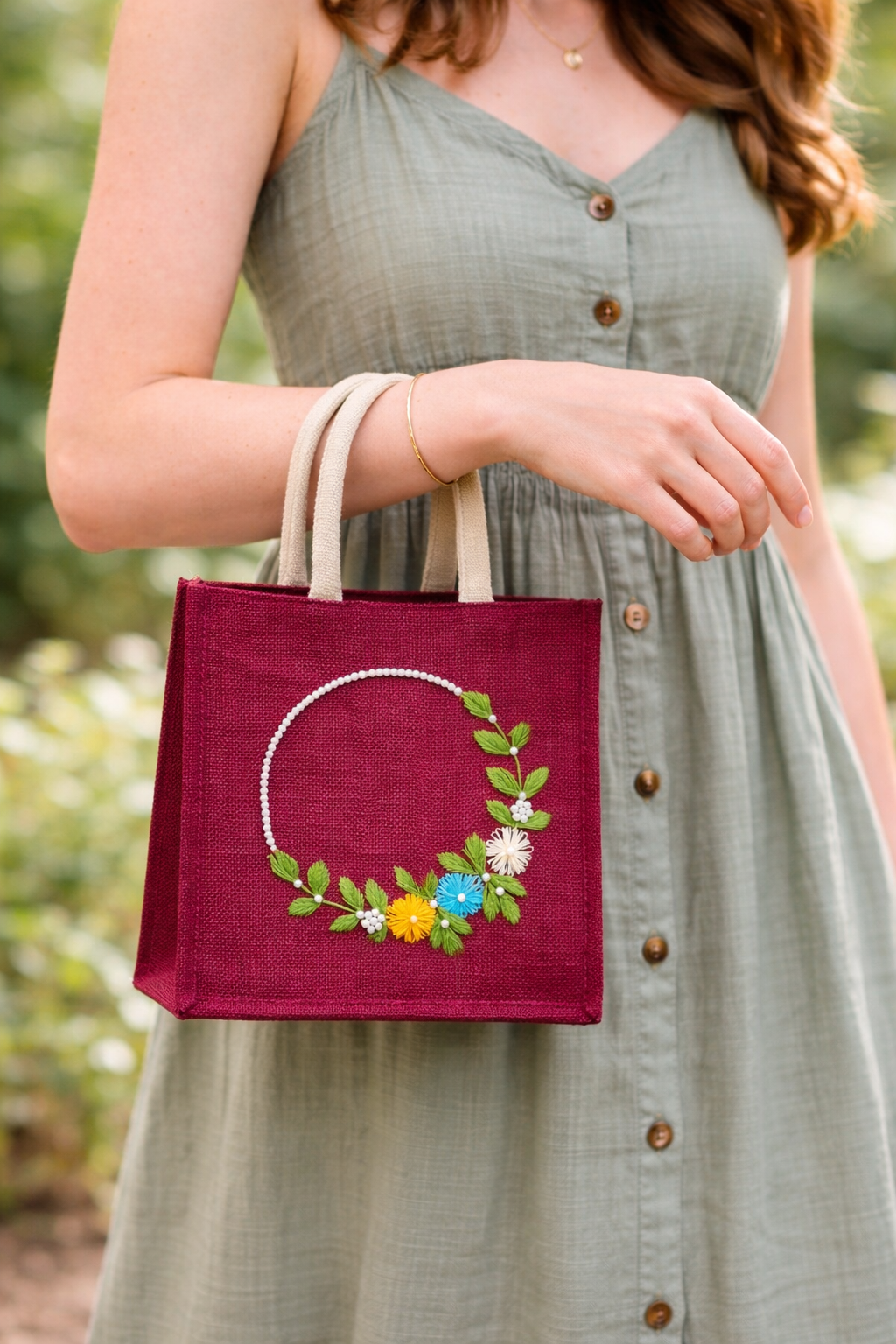 Maroon Hand Embroidered Jute Handbag with Floral Pearl Design