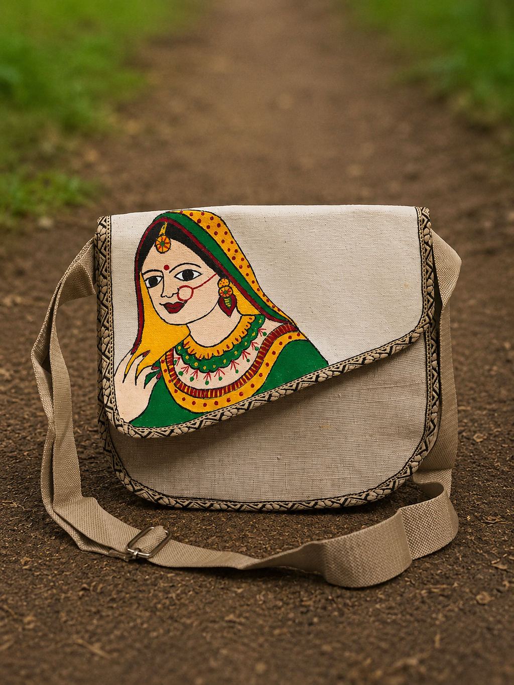 Hand-Painted Ethnic Jute Sling Bag
