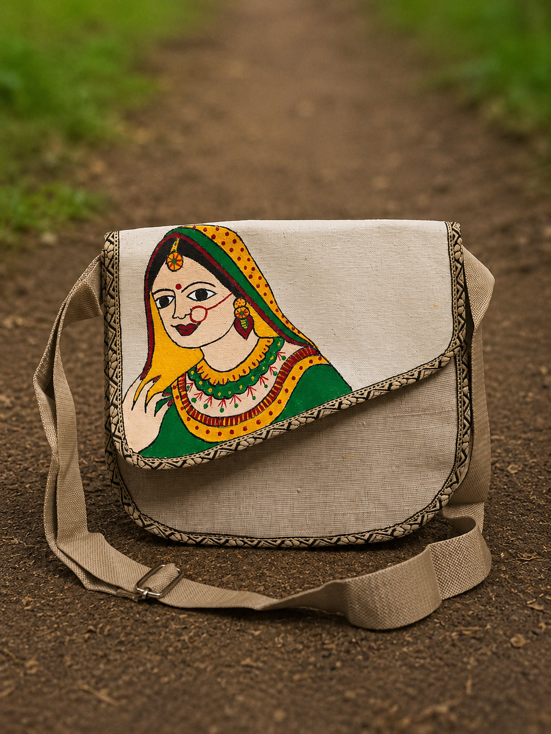 Hand-Painted Ethnic Jute Sling Bag