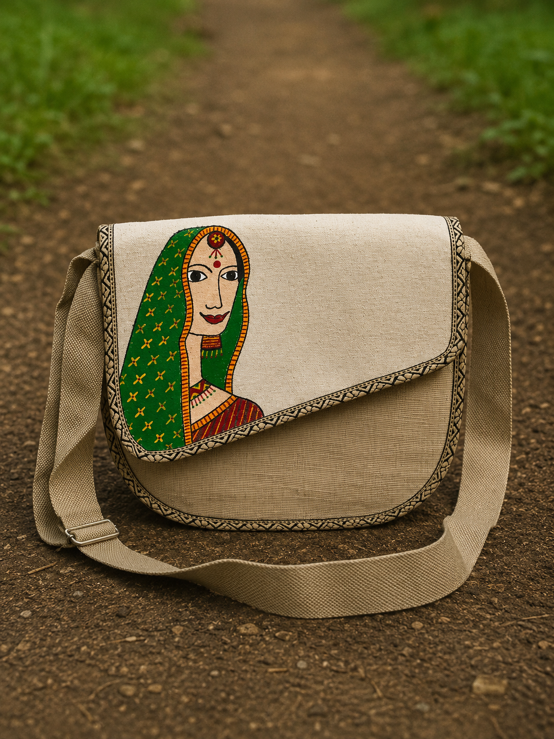 Hand-Painted Indian Folk Art Jute Sling Bag