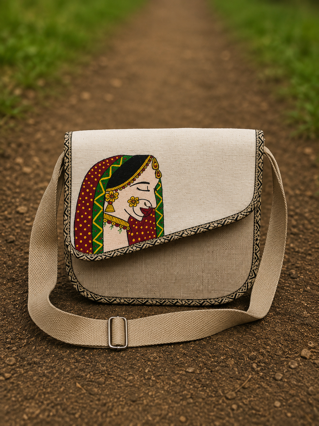 Handmade Jute Sling Bag with Folk Art