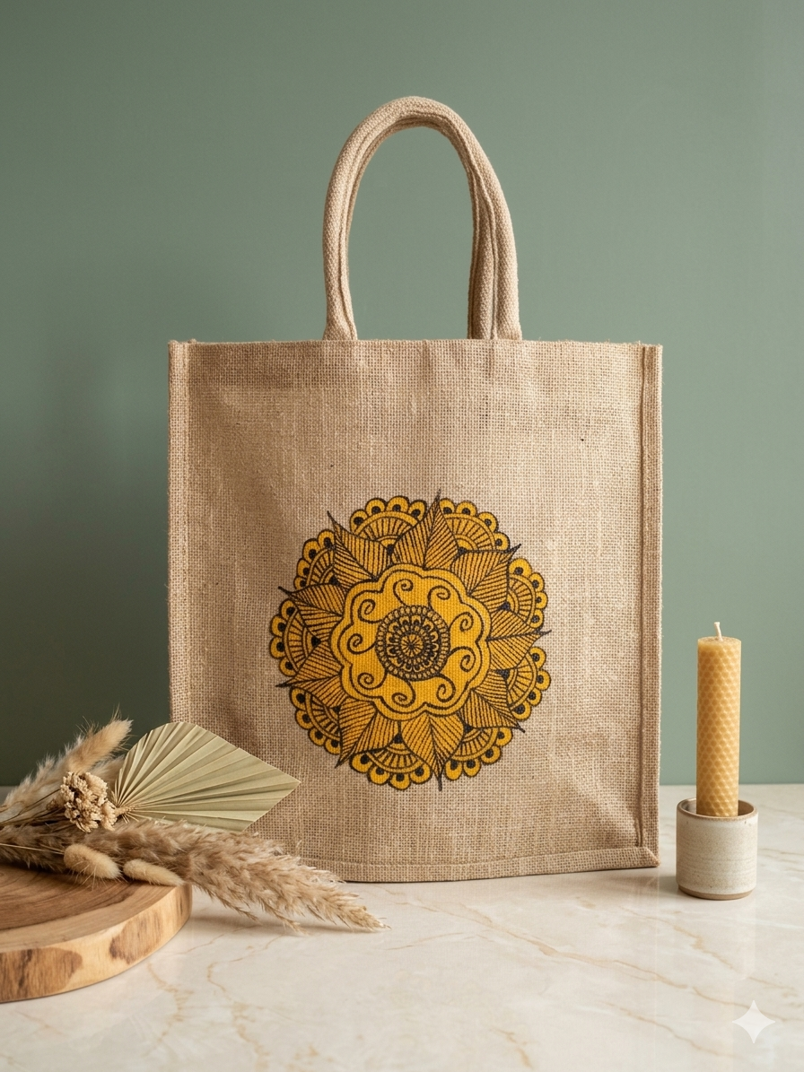 Handmade Jute Tote Bag with Hand-Painted Mandala Design | Eco-Friendly Bag for Women