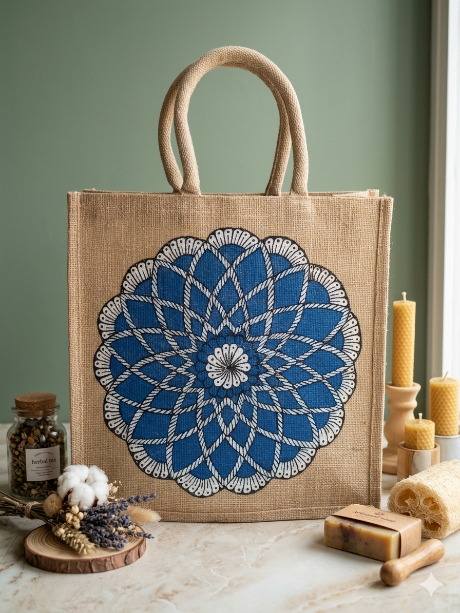 Hand-Painted Blue Mandala Jute Tote Bag | Eco-Friendly Artistic Handmade Handbag for Women