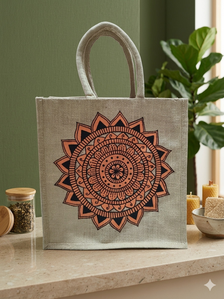 Hand-Painted Peach Mandala Jute Tote Bag | Eco-Friendly Handmade Artistic Handbag for Women