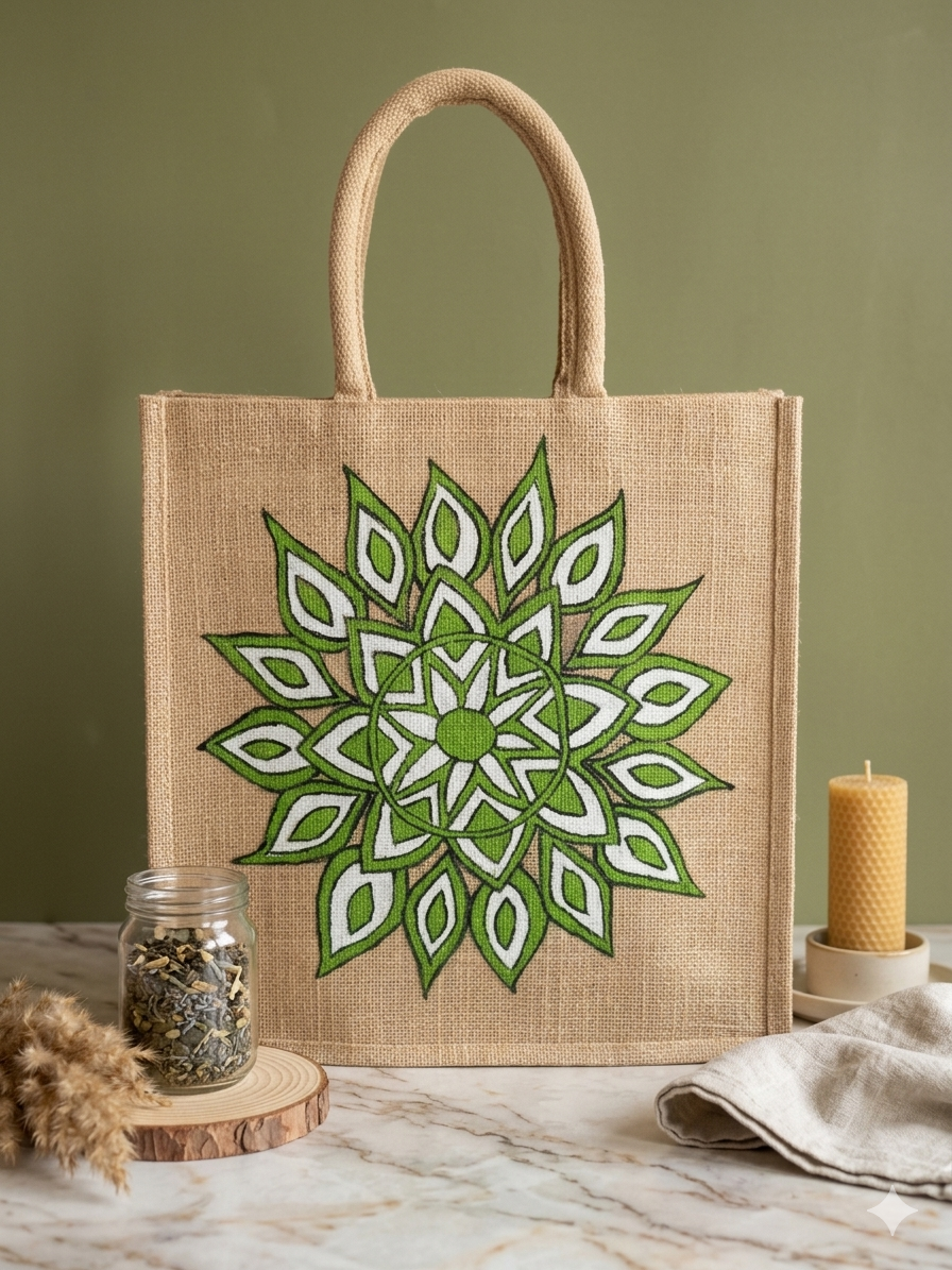 Hand-Painted Green Mandala Jute Tote Bag | Eco-Friendly Handmade Artistic Handbag for Women
