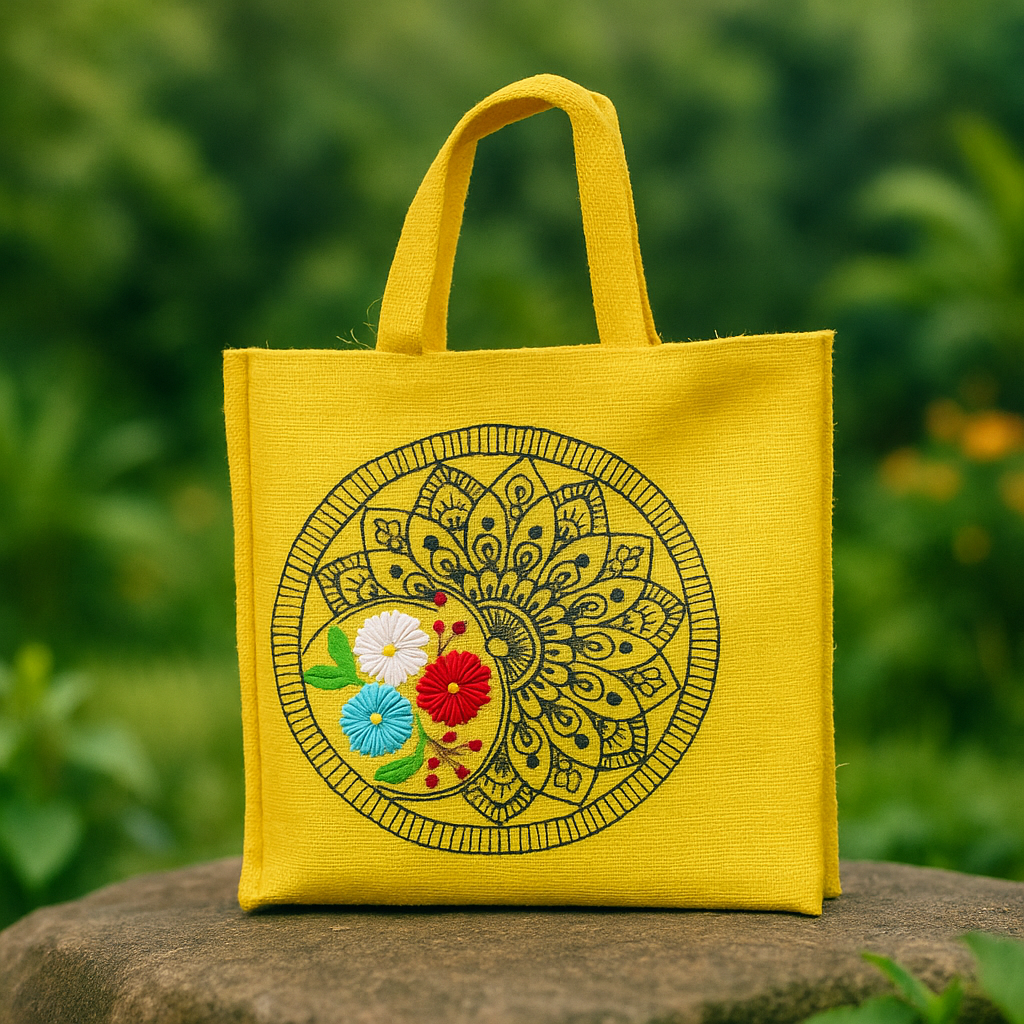 Handcrafted Jute Lunch Bag with Floral Design