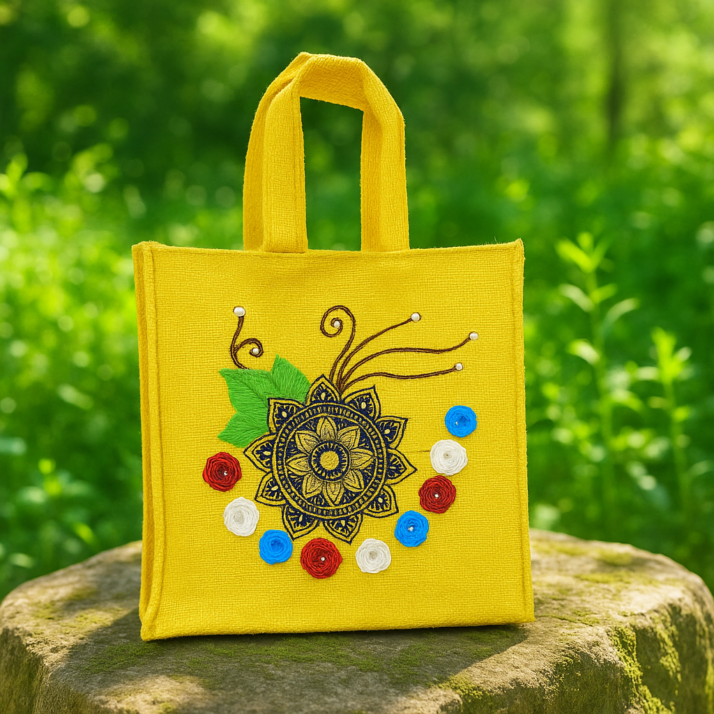 Handcrafted Jute Lunch Bag with Embroidered Floral Design