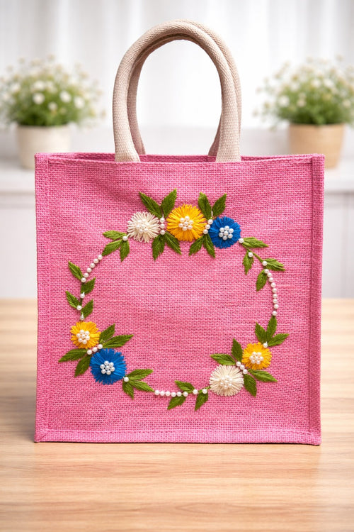 Floral Handcrafted Pink Jute Tote Bag