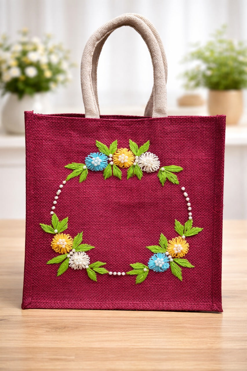 Hand Embroidered Maroon Jute Handbag with Floral Pearl Wreath