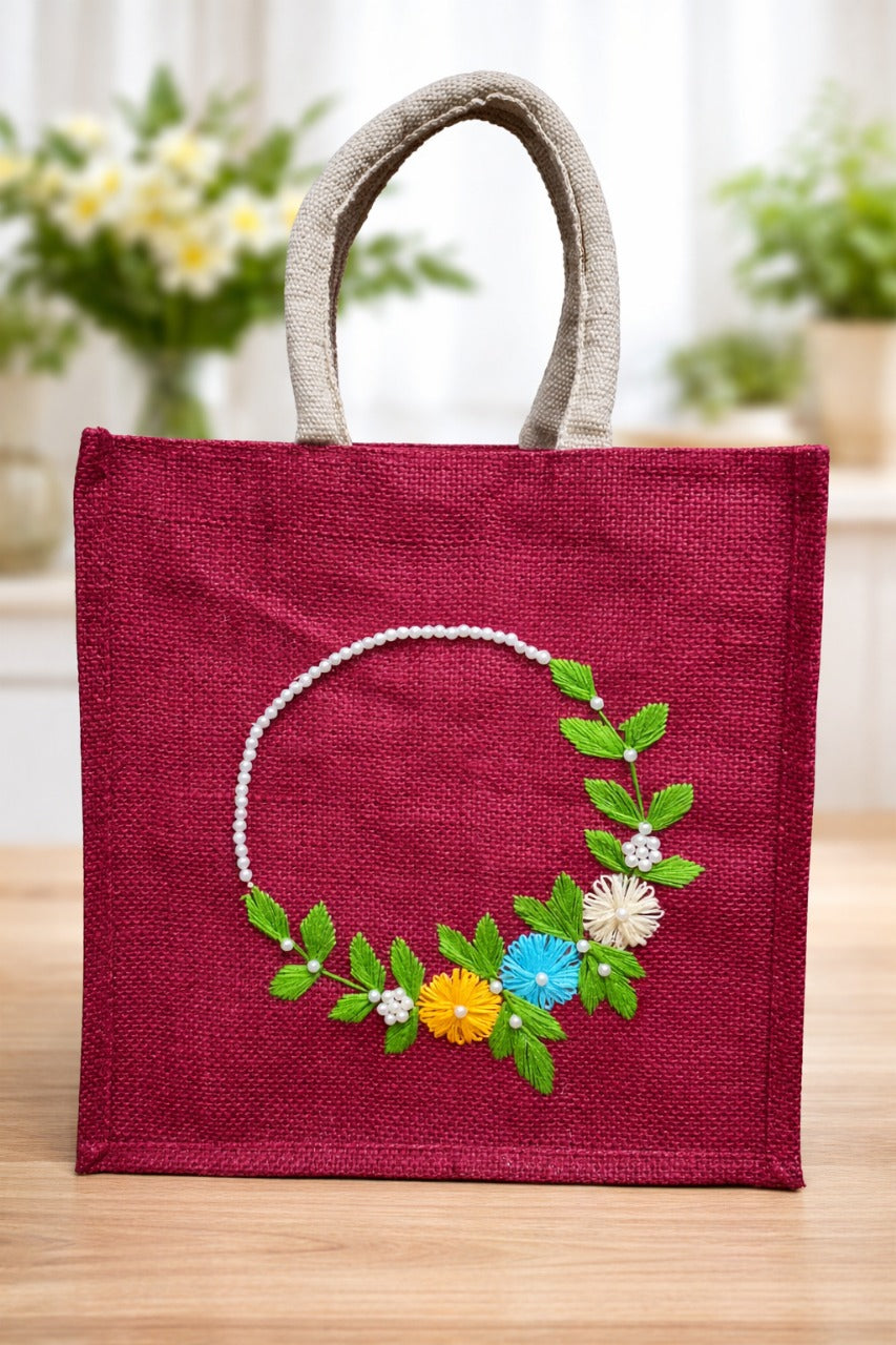 Maroon Hand Embroidered Jute Handbag with Floral Pearl Design